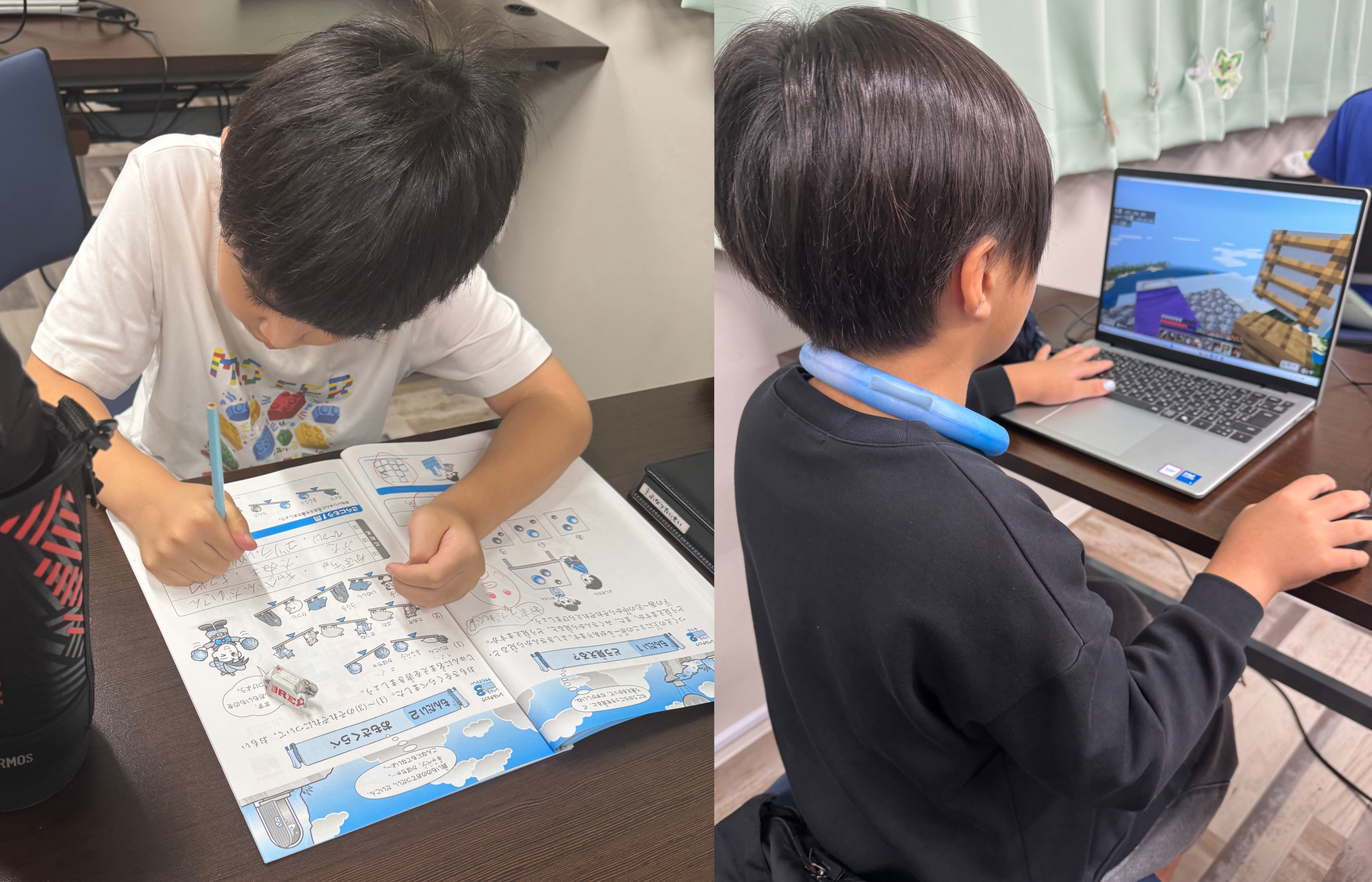 算数の勉強をする男の子(左)とマイクラで協力する男の子(右)
